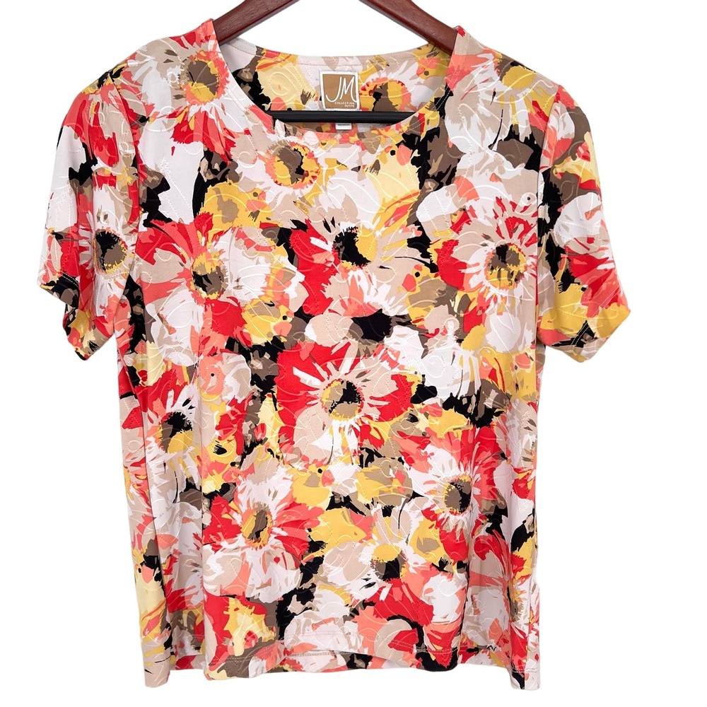 JM Collection Sz PL Petite Large Red Yellow Stretchy Floral Blouse Shirt Top